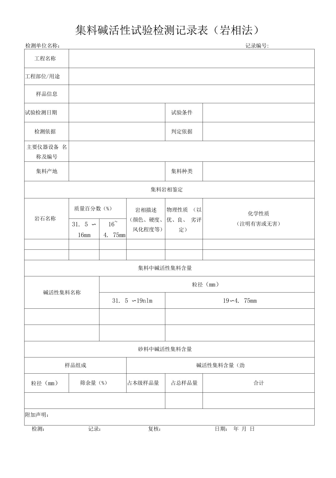 集料碱活性试验检测记录表(岩相法）