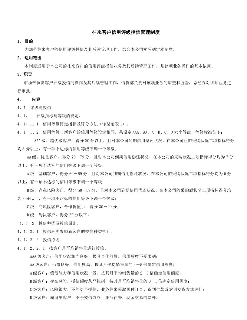 往来客户信用评级授信管理制度