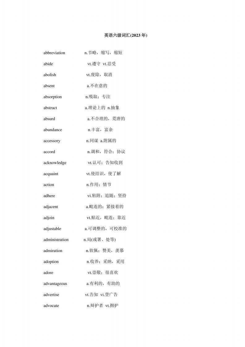 2023年新版最新大学英语六级词汇表