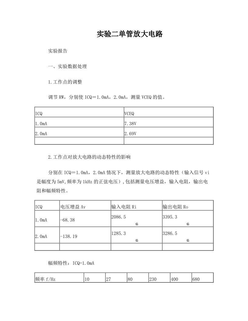 电子电路实验二+实验报告