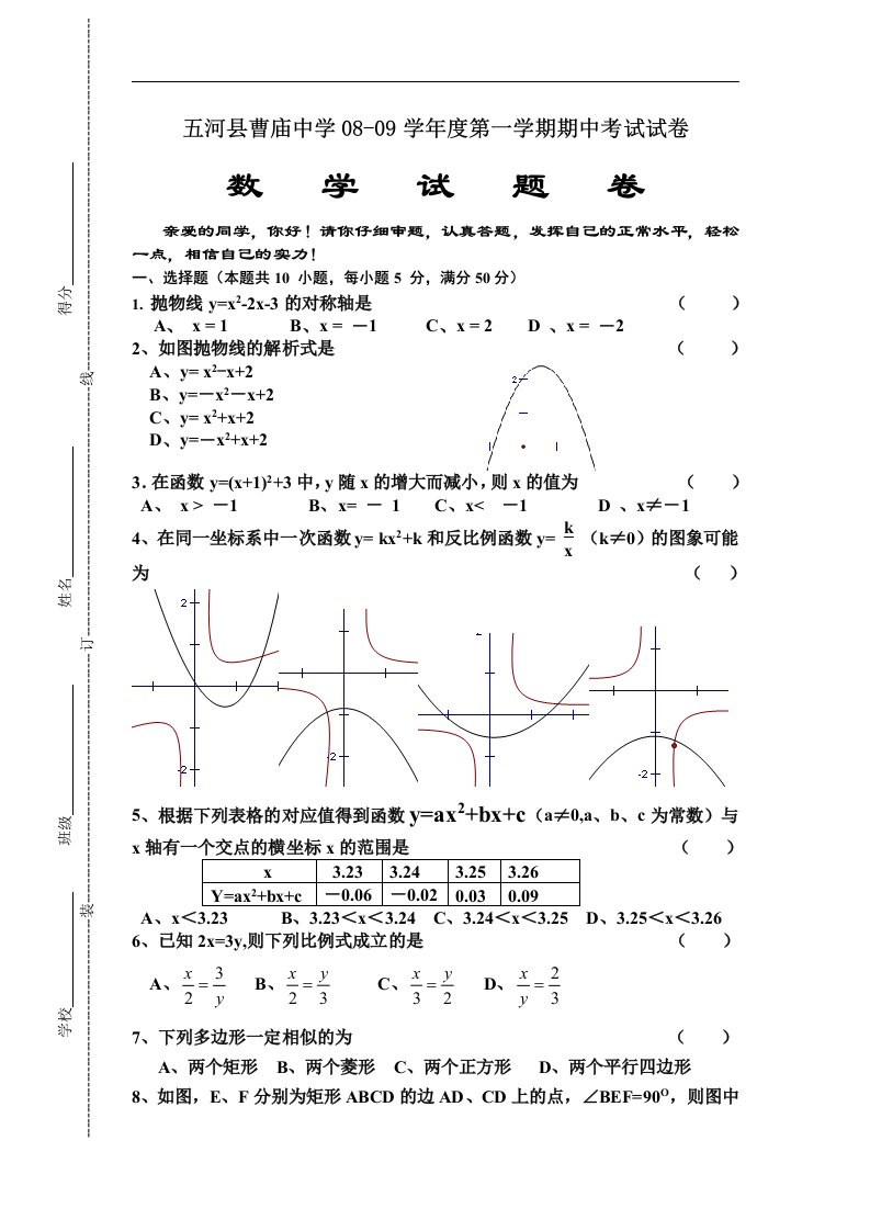 安徽五河县曹庙中学08-09九年级数学期中试卷有答案