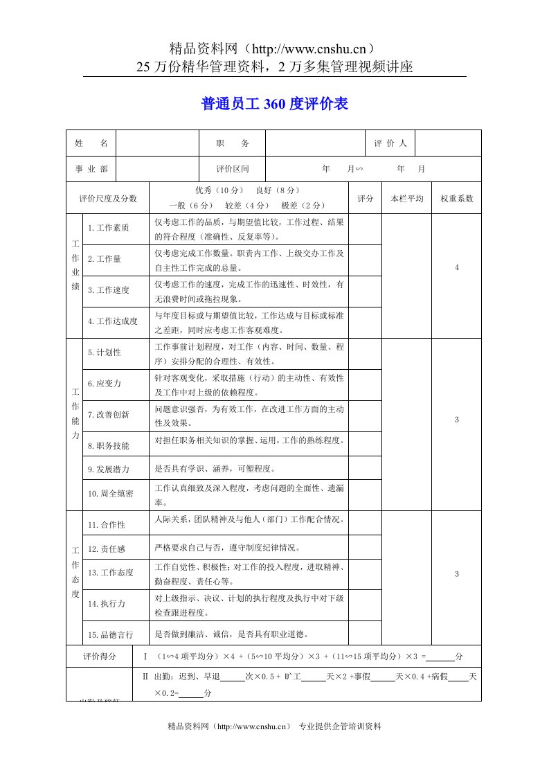 普通员工360度评价表