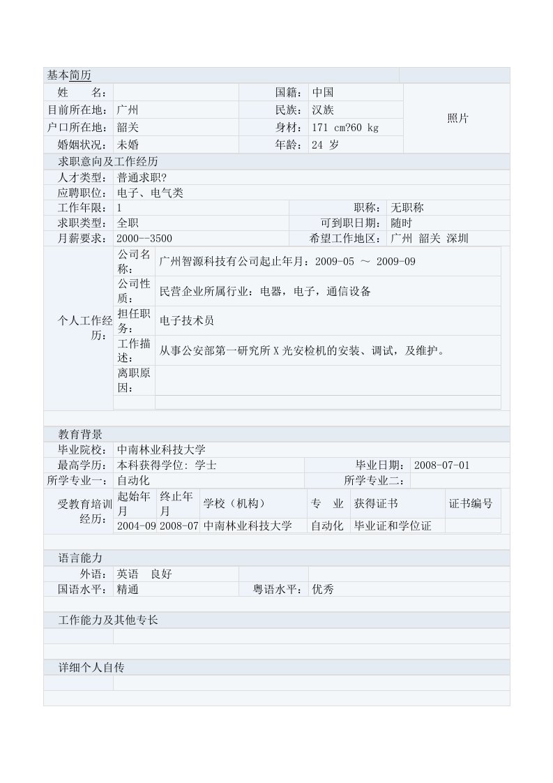 电子电气类空白简历表格