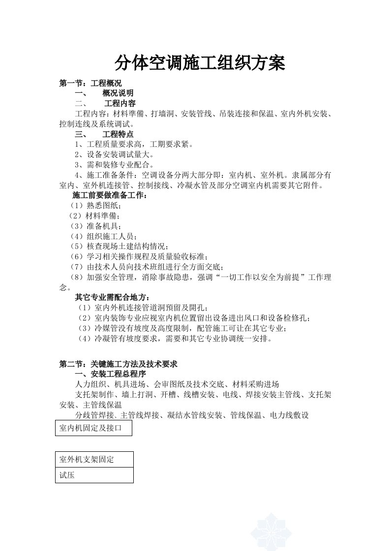 2021年分体空调施工方案