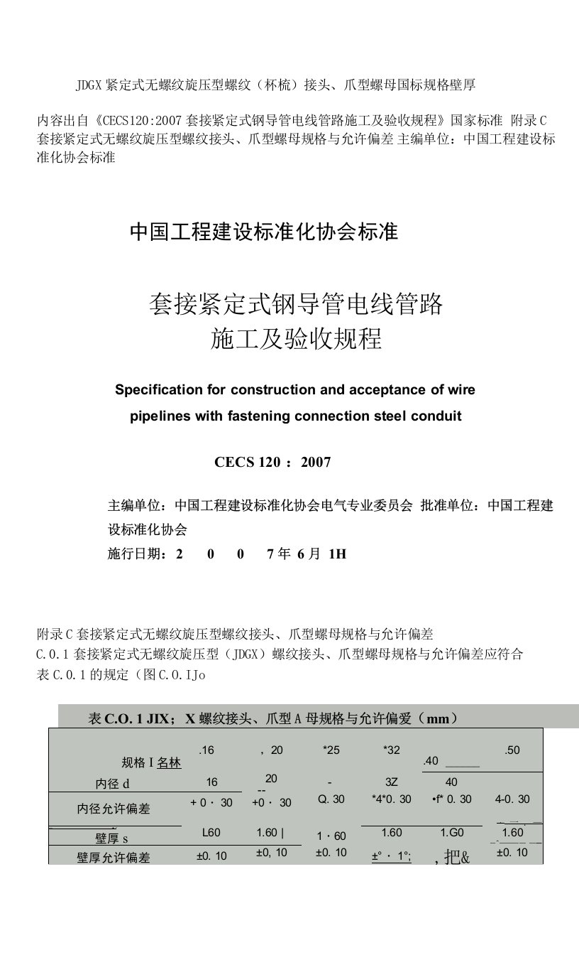 JDGX紧定式无螺纹旋压型螺纹(杯梳)接头、爪型螺母国标规格壁厚