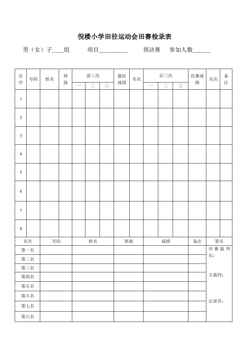 倪楼小学田径运动会各种记录表格