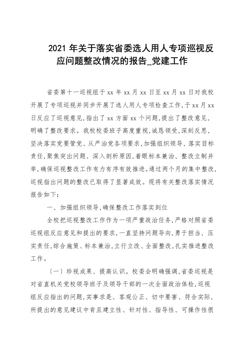 2021年关于落实省委选人用人专项巡视反馈问题整改情况的报告