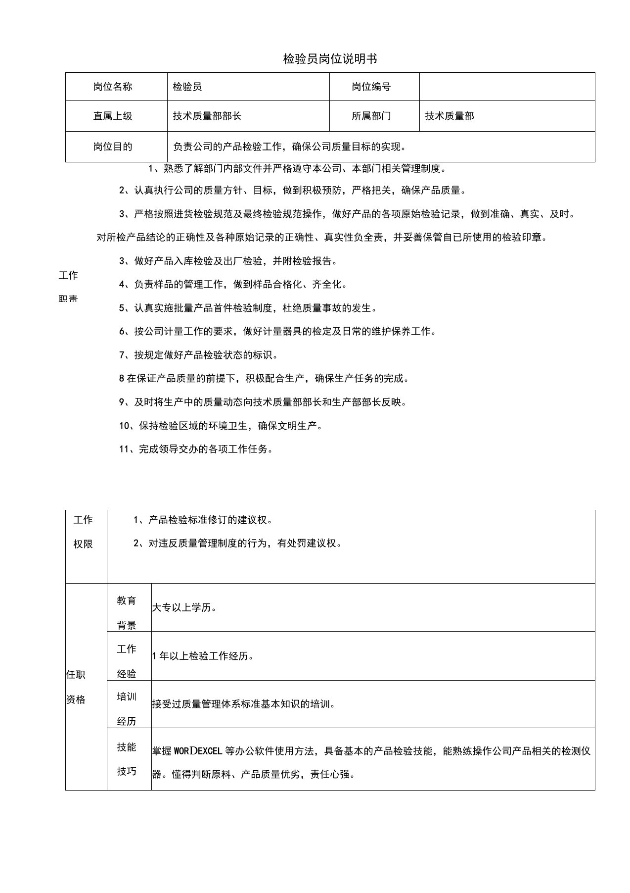 检验员岗位说明书