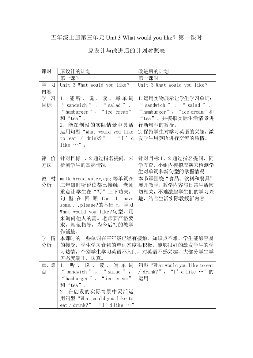 五年级上册第三单元第一课时设计对照表