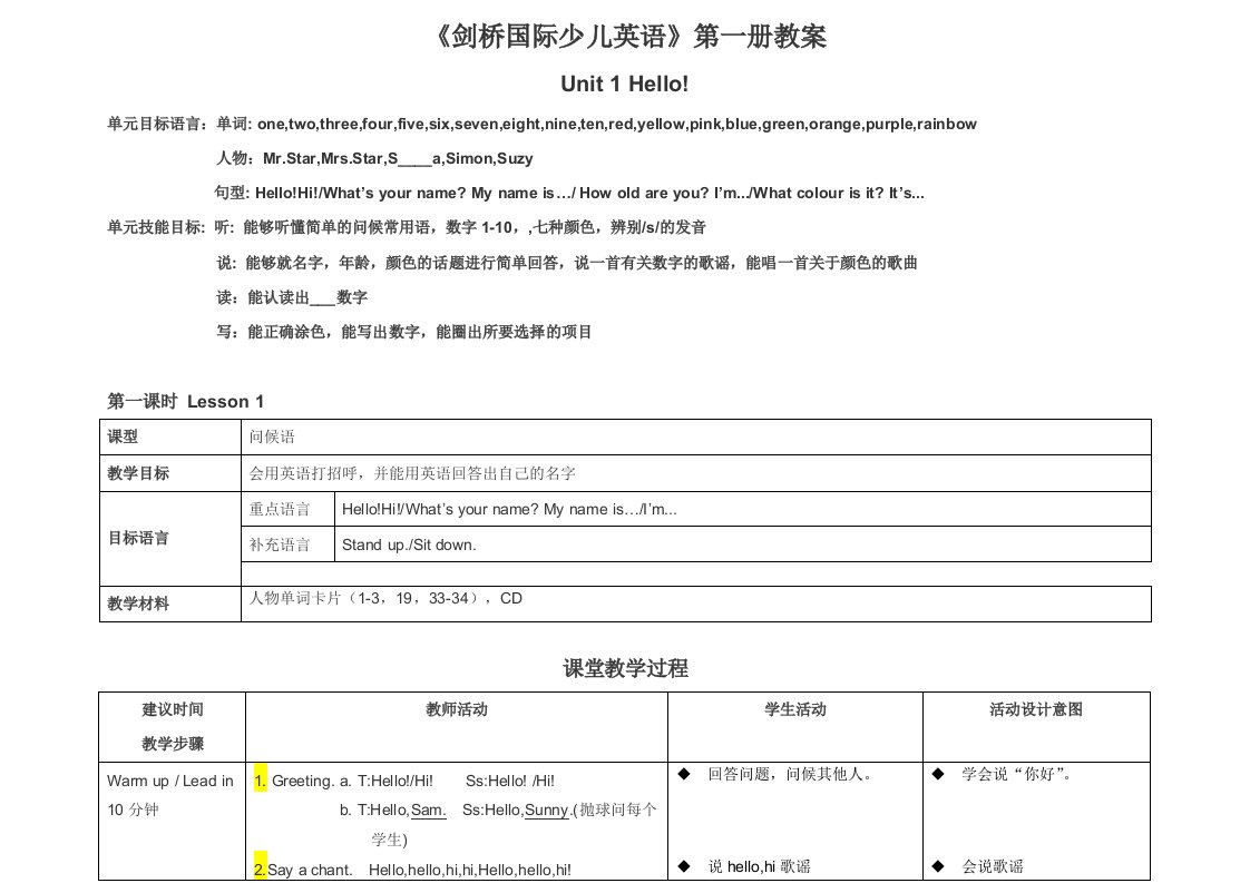 剑桥国际少儿英语教案unit1