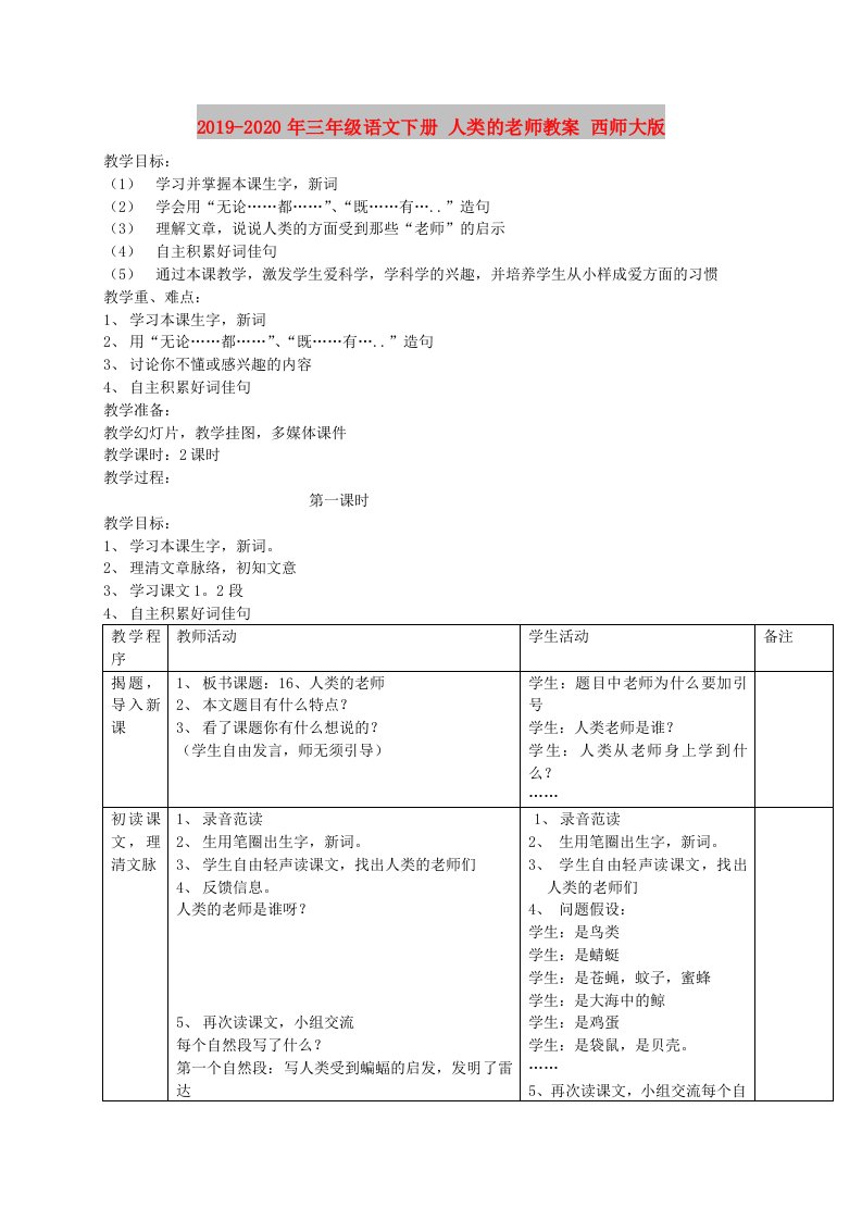 2019-2020年三年级语文下册