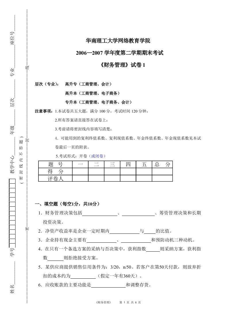 华南理工网络教育学院-((财务管理))-模拟题1