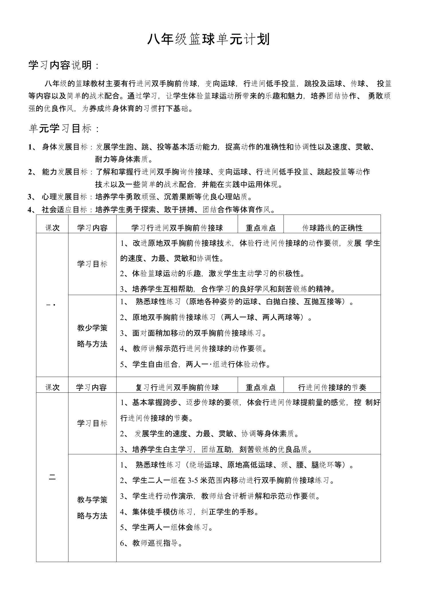 八年级篮球单元计划和教案18节