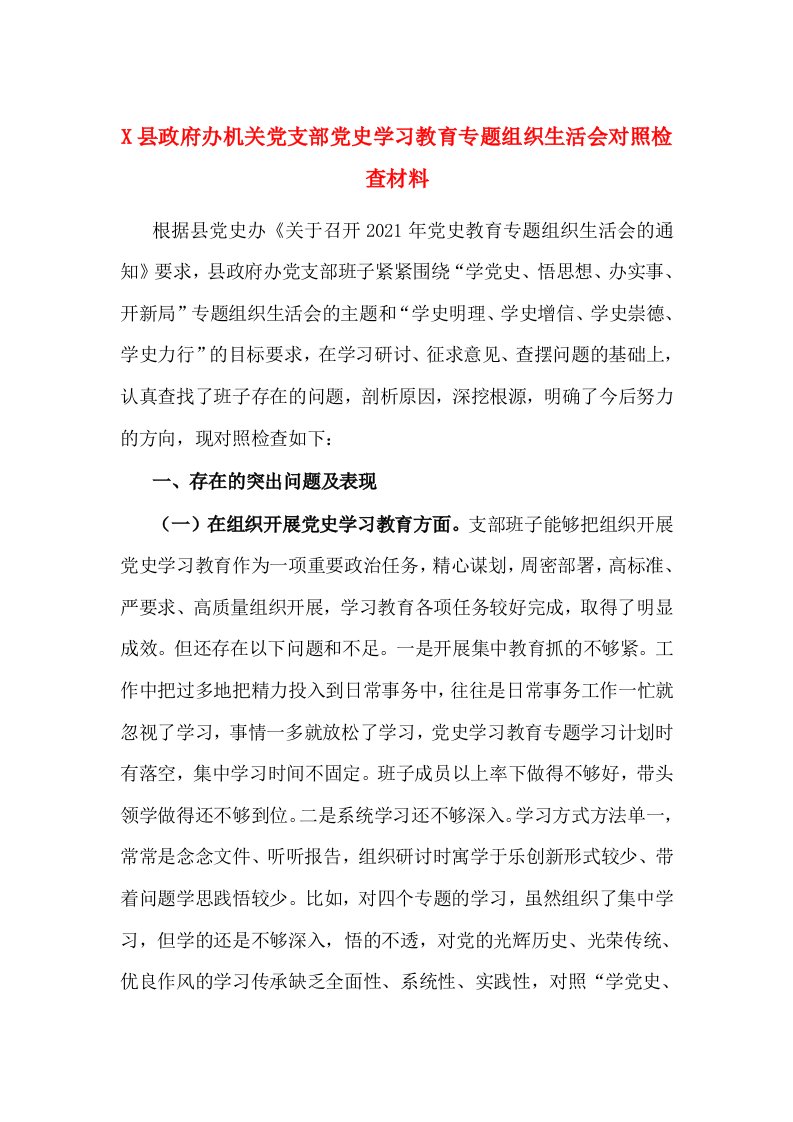 X县政府办机关党支部党史学习教育专题组织生活会对照检查材料