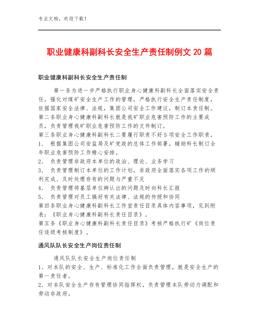 职业健康科副科长安全生产责任制例文20篇