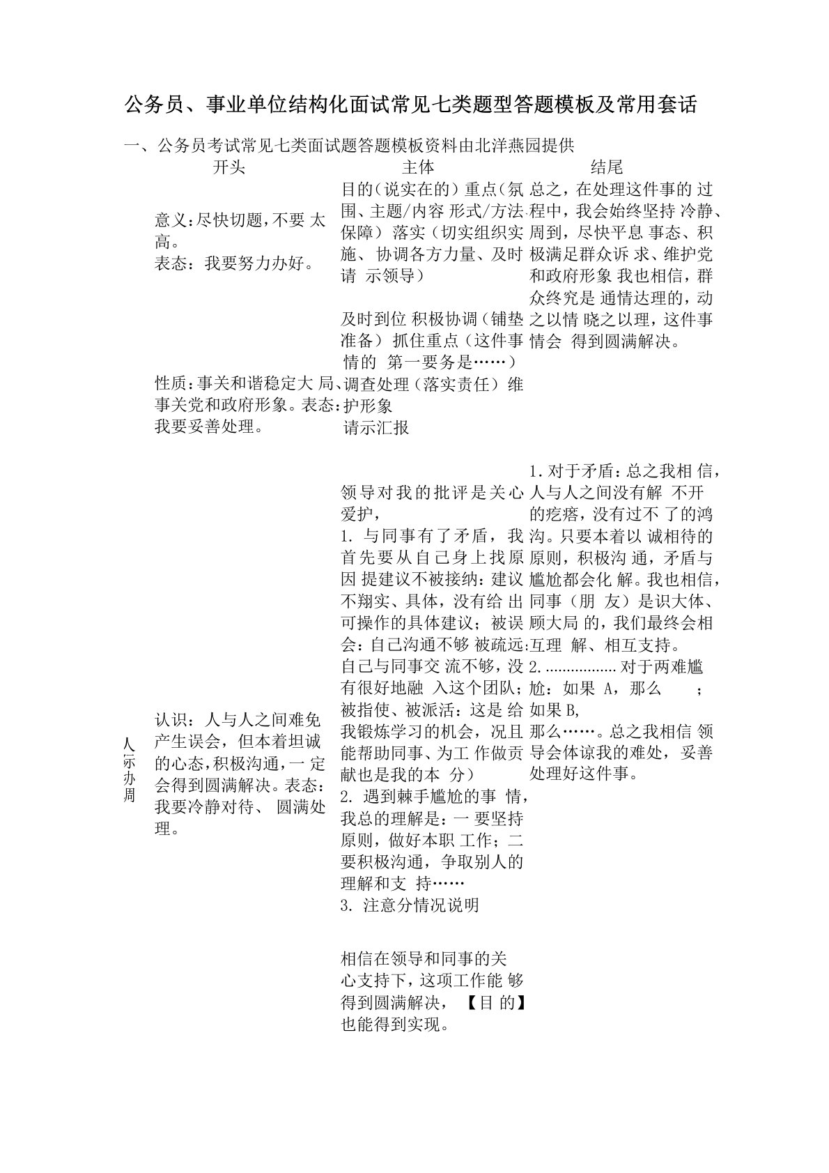 最新结构化面试常见七类题型答题模板资料