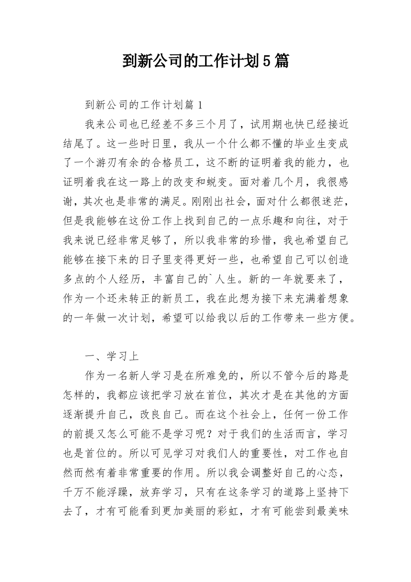 到新公司的工作计划5篇