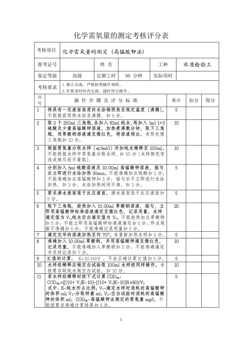 化学需氧量的测定考核评分表