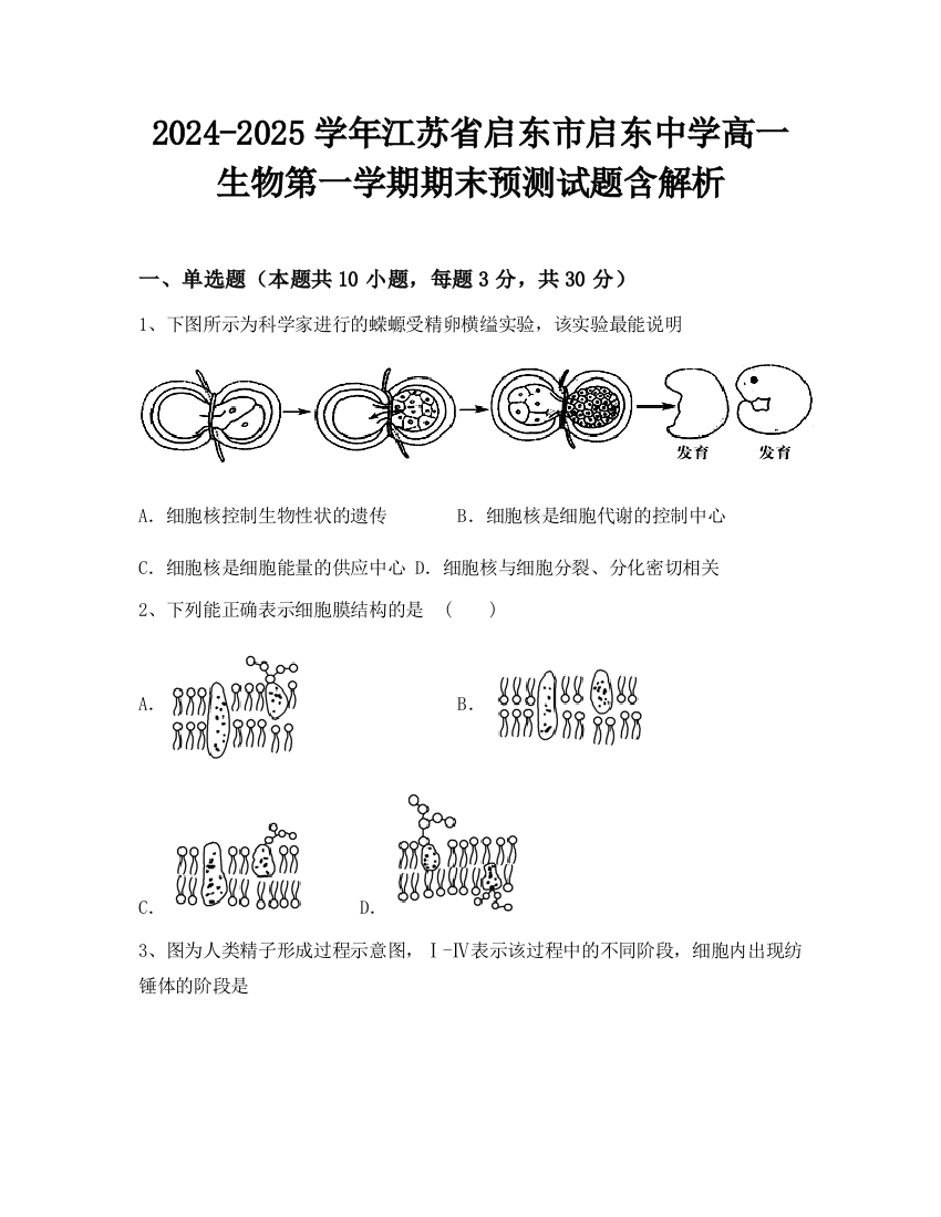 2024-2025学年江苏省启东市启东中学高一生物第一学期期末预测试题含解析