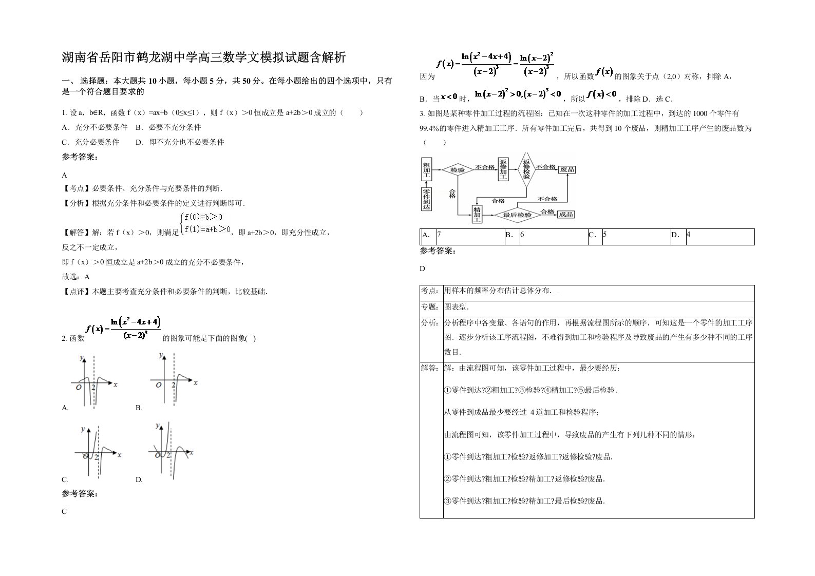 湖南省岳阳市鹤龙湖中学高三数学文模拟试题含解析