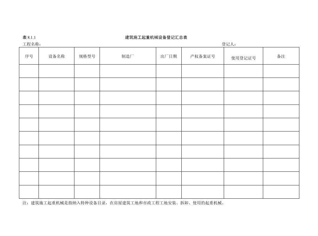建筑施工起重机械设备登记汇总表