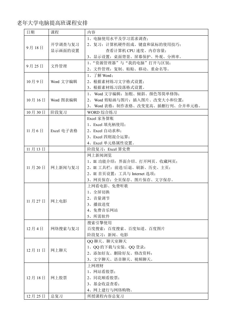 老年大学电脑课程表