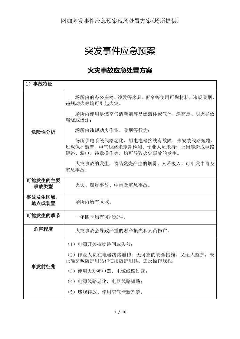 网咖突发事件应急预案现场处置方案场所提供