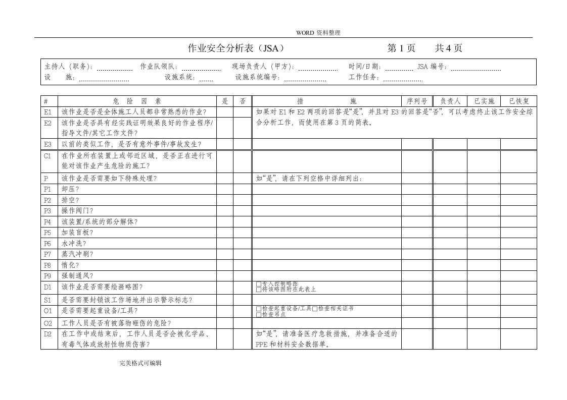 试压JSA作业安全分析表