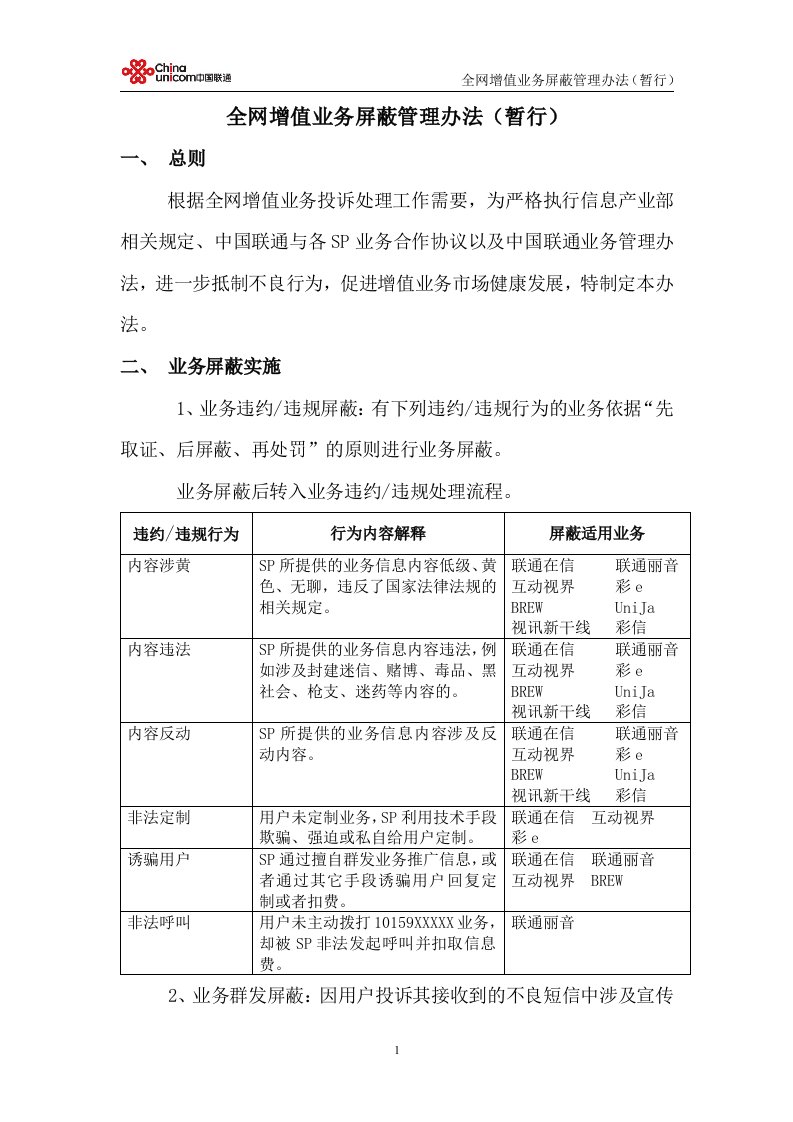 精选全网增值业务施行业务屏蔽的管理办法