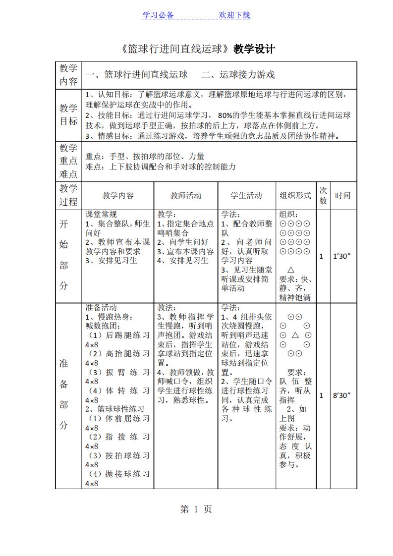 篮球行进间直线运球教案