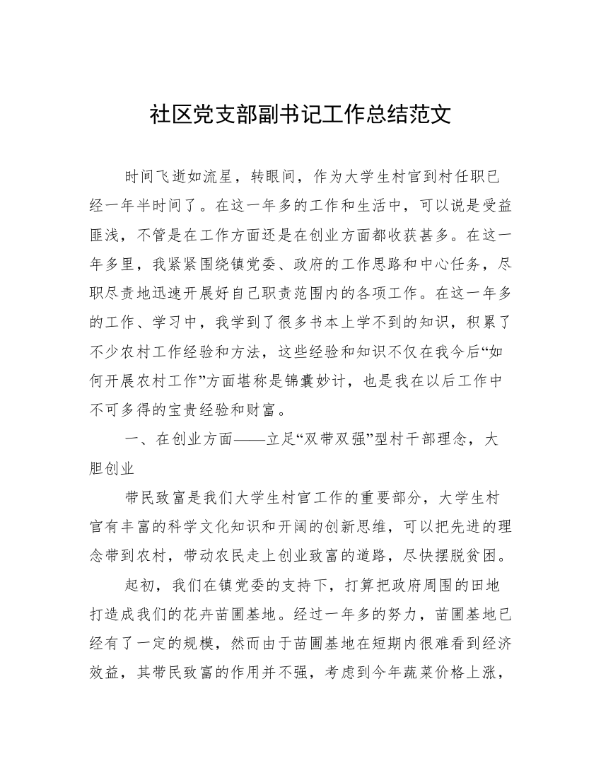 社区党支部副书记工作总结范文