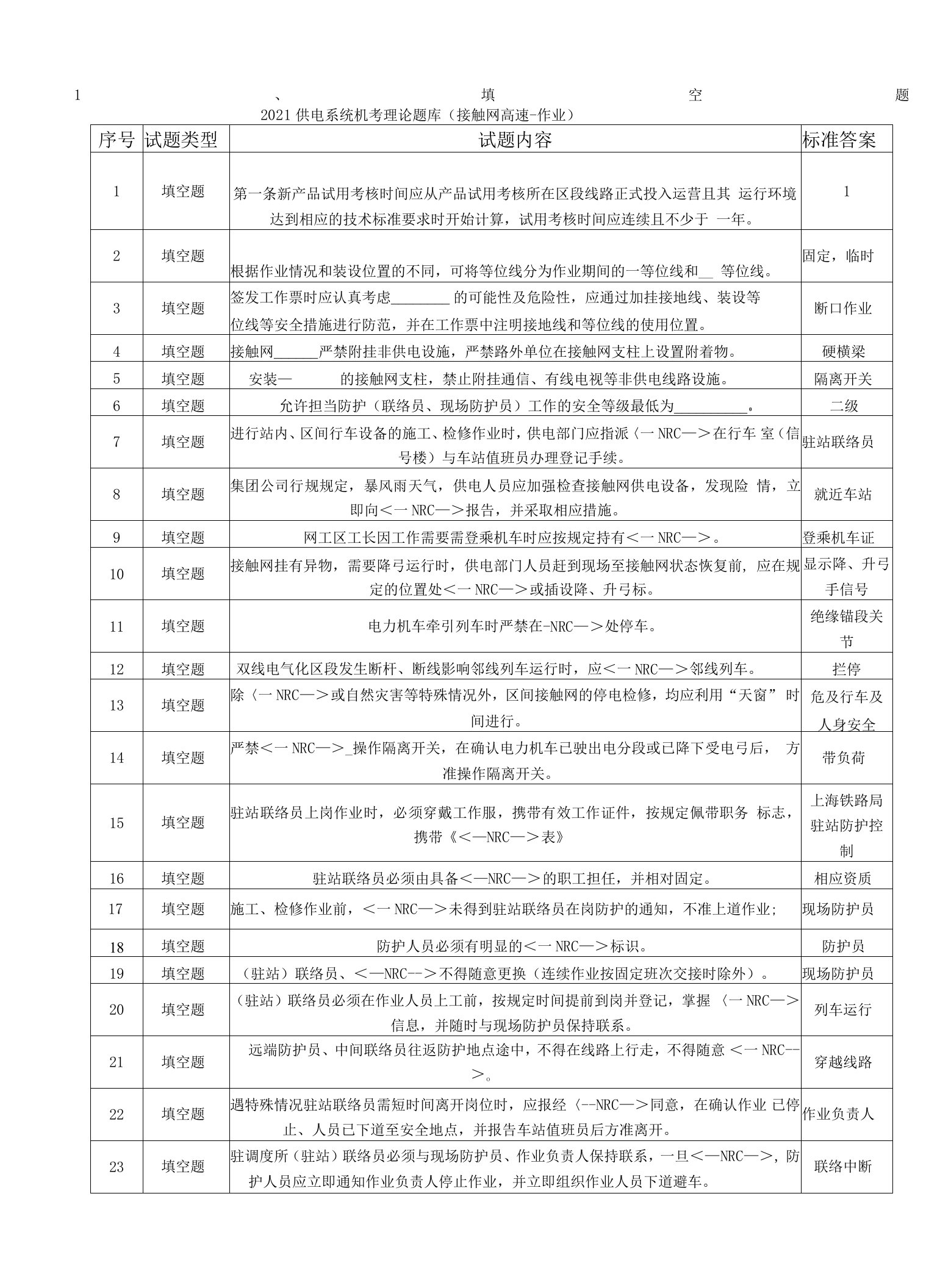 2021年供电系统理论抽考题库接触网高速-作业