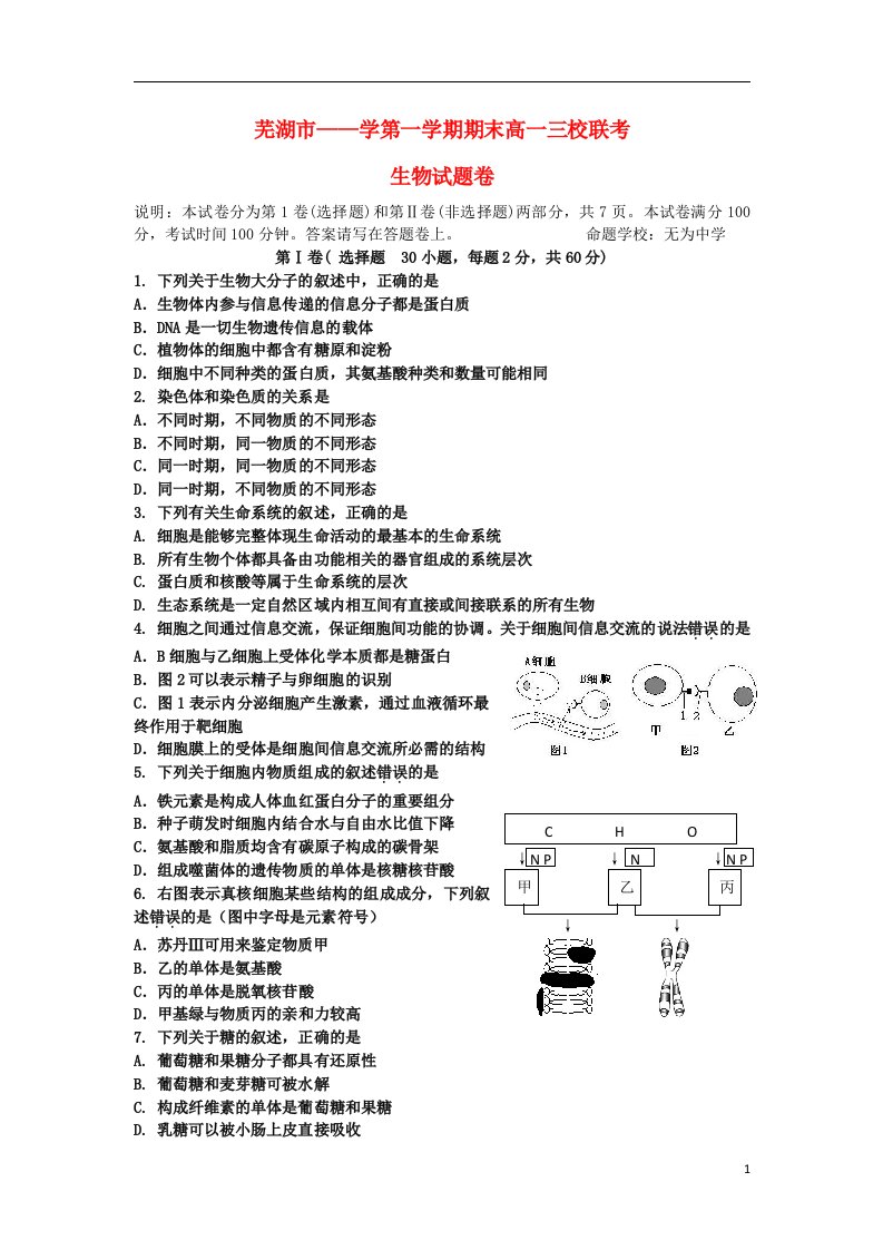 安徽省芜湖市三校高一生物上学期期末联考试题（无答案）新人教版