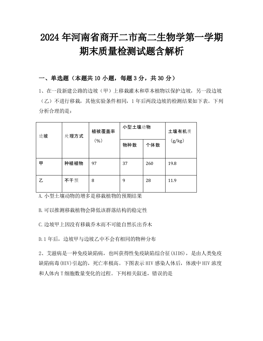 2024年河南省商开二市高二生物学第一学期期末质量检测试题含解析