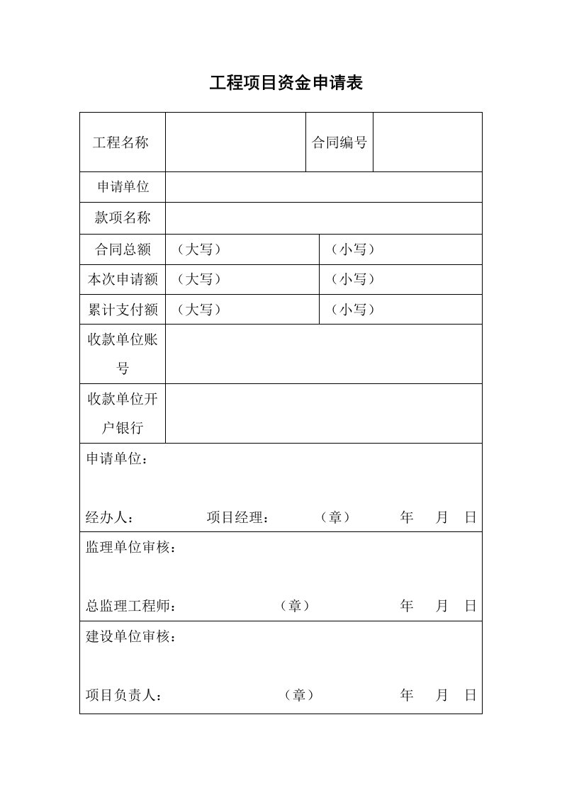 工程项目资金申请表