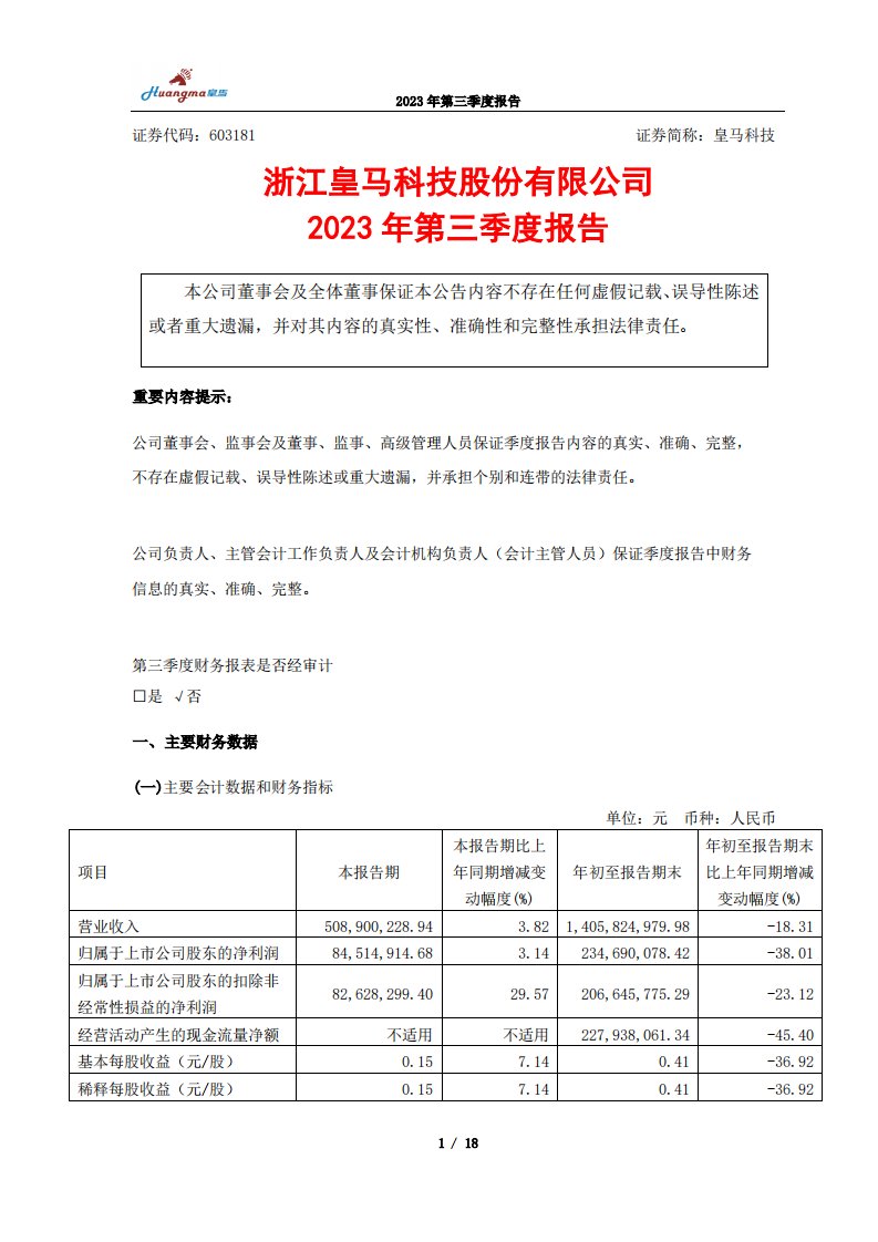 上交所-皇马科技2023年第三季度报告-20231026