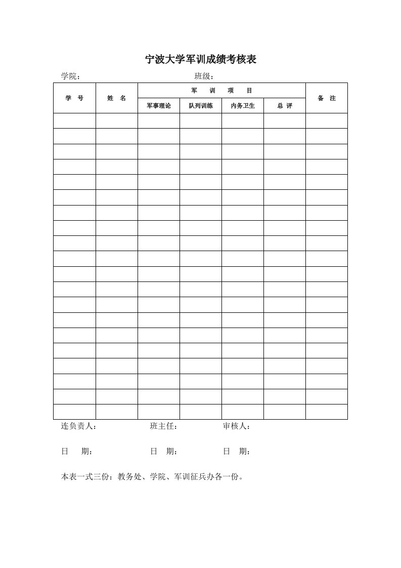 宁波大学军训成绩考核表