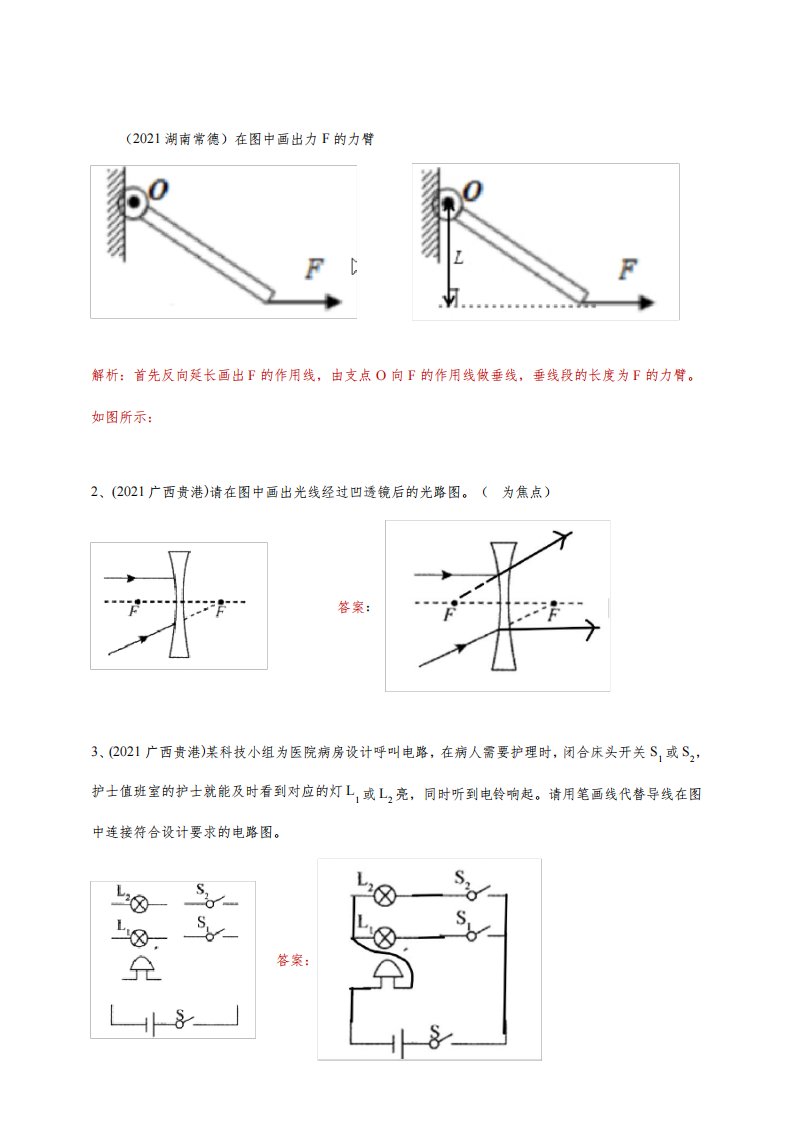 2021年中考物理真题专题练习—作图题(一)(含答案或解析)