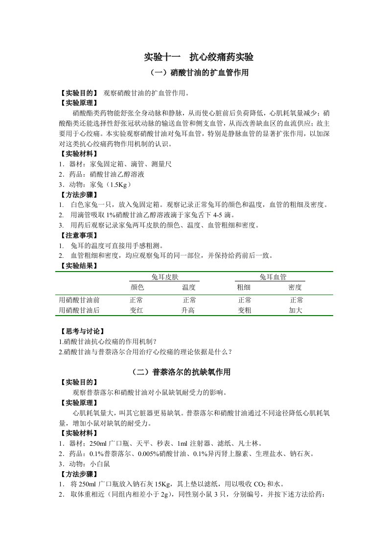 实验十一抗心绞痛药实验