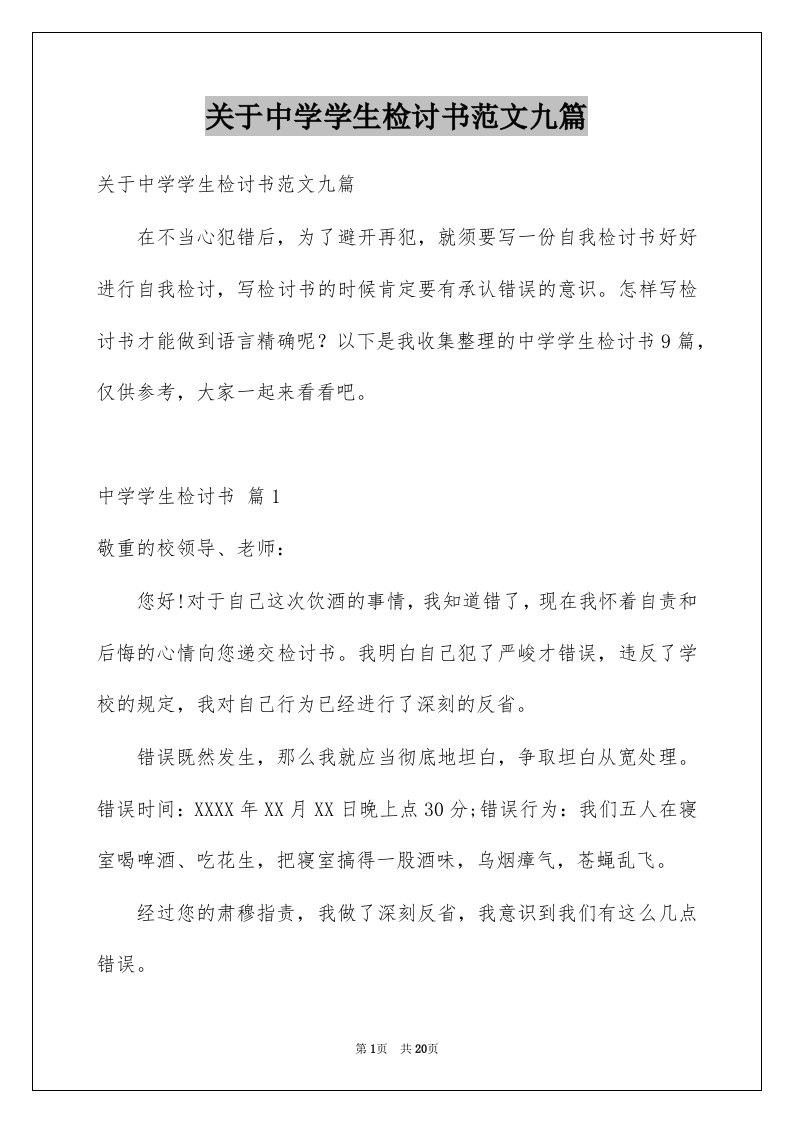 关于中学学生检讨书范文九篇