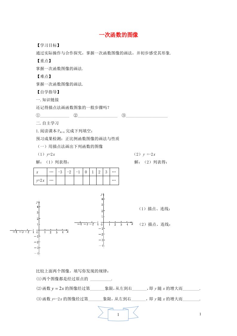 2024八年级数学下册第21章一次函数21.2一次函数的图像和性质1一次函数的图像学案无答案新版冀教版