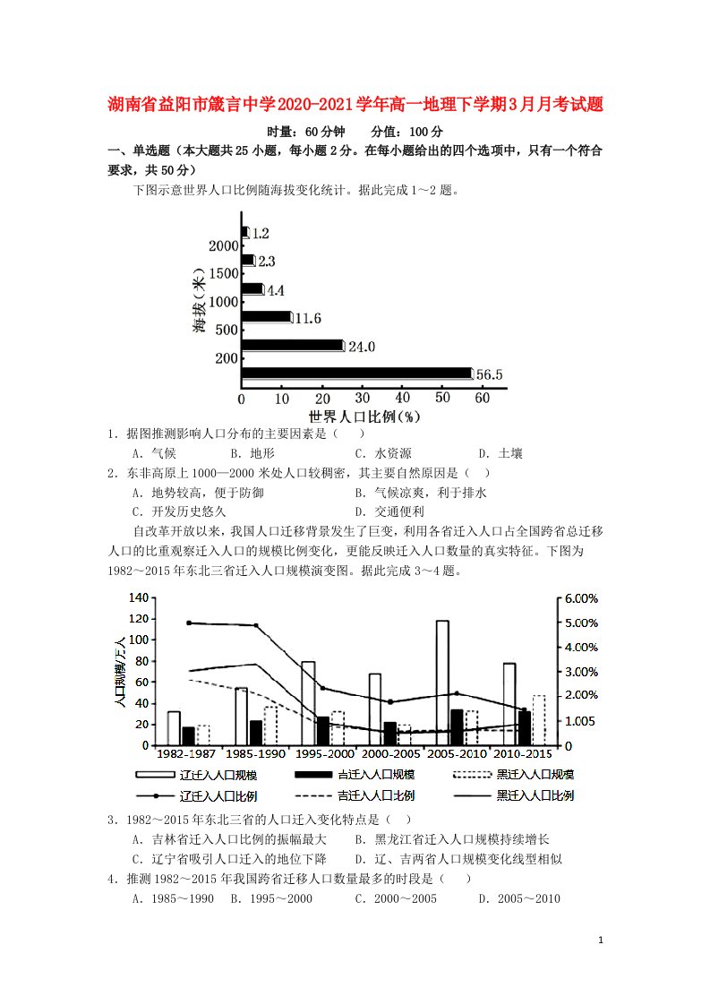 湖南省益阳市箴言中学2020_2021学年高一地理下学期3月月考试题