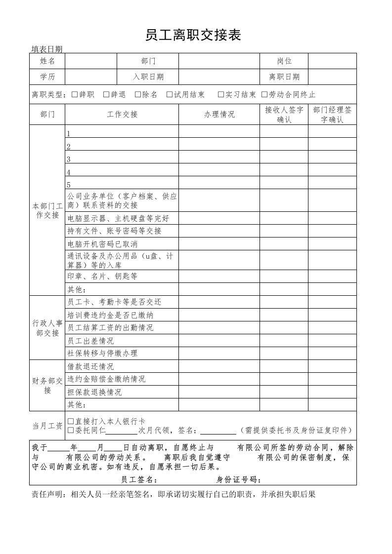 员工离职交接表(模板范本)