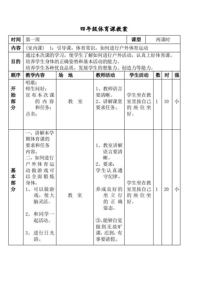 人教版新课标小学四年级体育教学教案[1]1