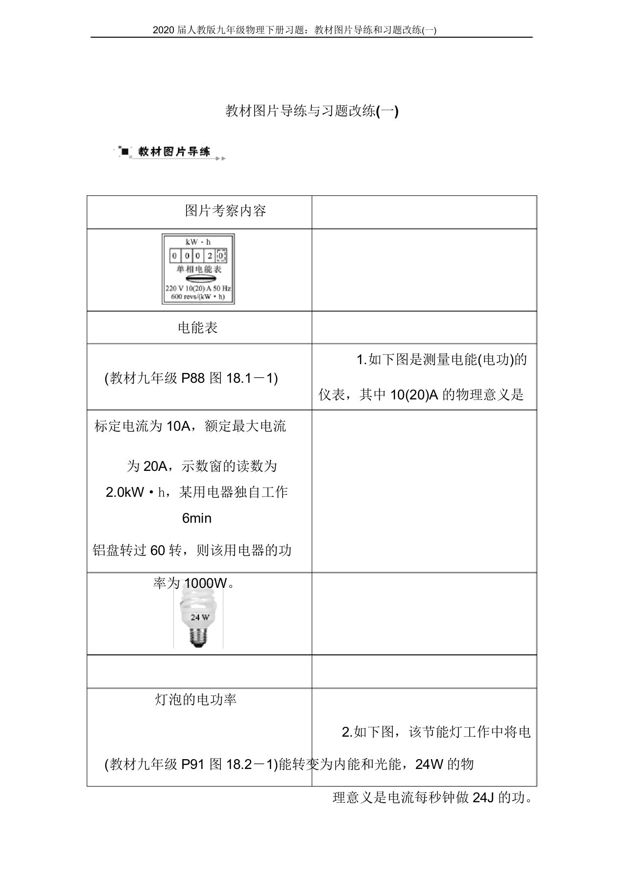 2020届人教版九年级物理下册习题教材图片导练和习题改练(一)