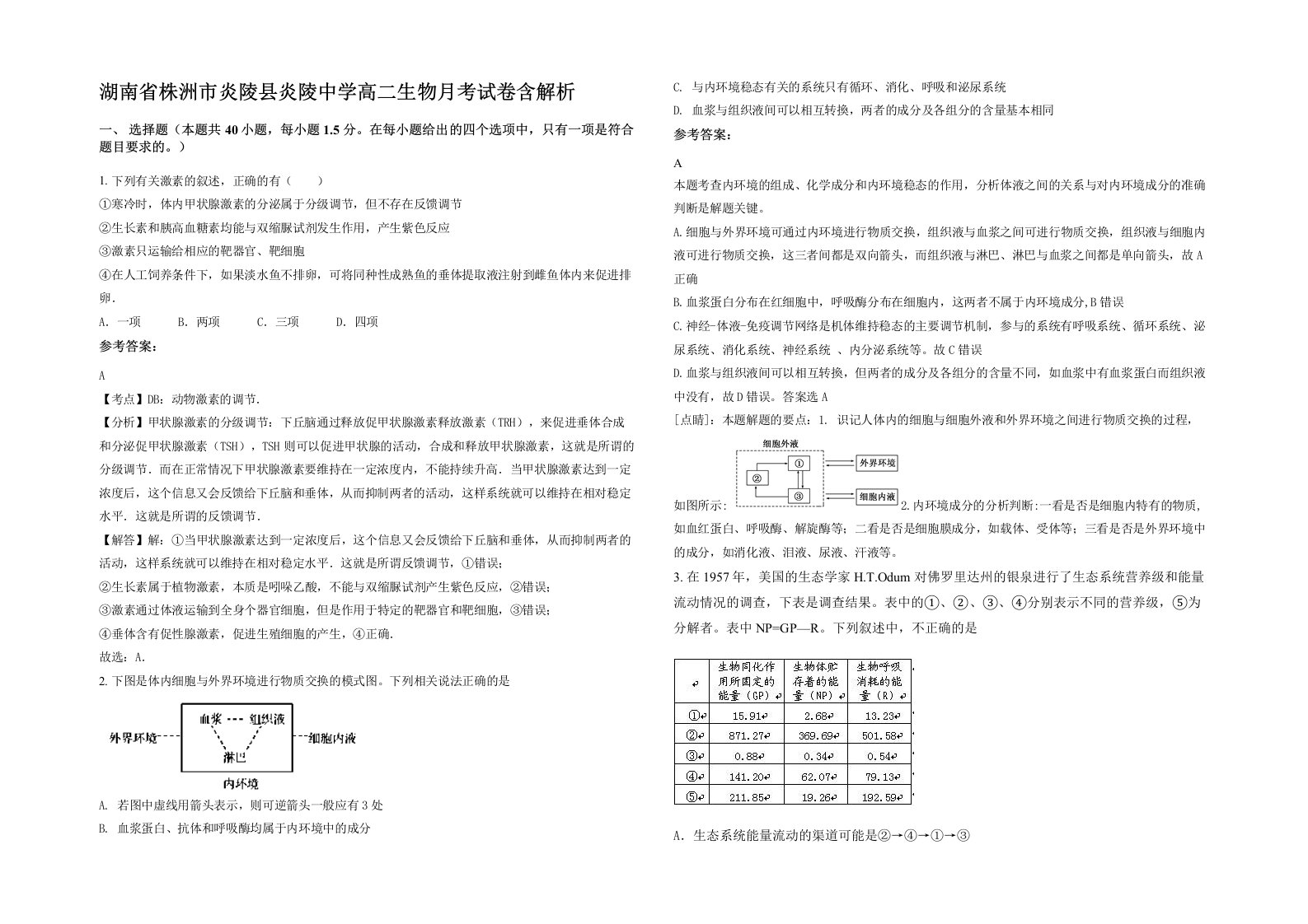 湖南省株洲市炎陵县炎陵中学高二生物月考试卷含解析