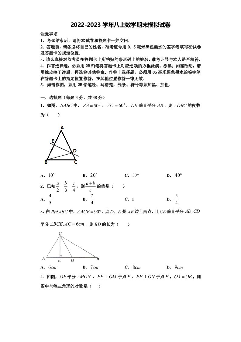 2022年山东省淄博市张店区八年级数学第一学期期末考试模拟试题含解析