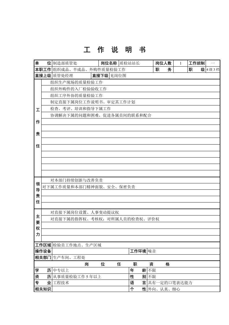 质检站站长工作说明书