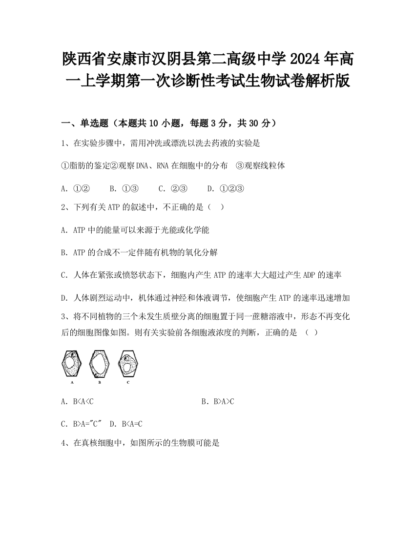 陕西省安康市汉阴县第二高级中学2024年高一上学期第一次诊断性考试生物试卷解析版