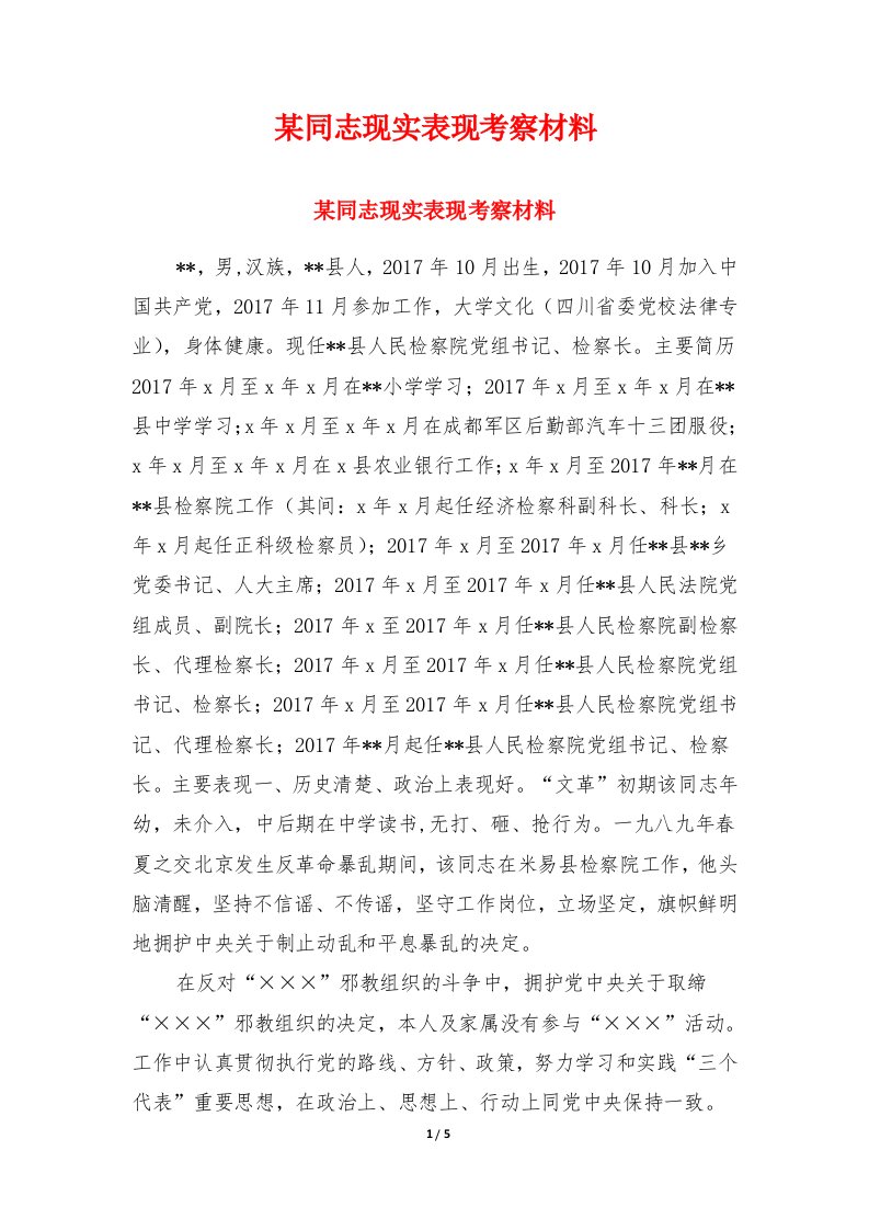 某同志现实表现考察材料